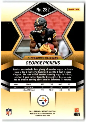 Vista 4 de Panini Mosaic #282 George Pickens RC Rookie NFL Debut Pittsburgh Steelers 2022