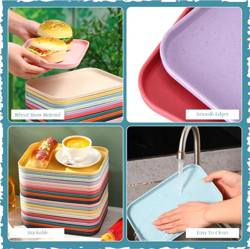 Vista 3 de Dandat Paquete de 20 bandejas pequeñas de plástico de comida rápida a granel de 9.8 x 6.7 pulgadas, bandejas rectangulares coloridas para cafetería