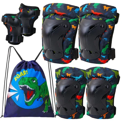 Vista 12 de FIODAY Rodilleras para niños, rodilleras para niños pequeños y coderas, muñequeras con bolsa de cordón, juego de equipo de protección ajustable