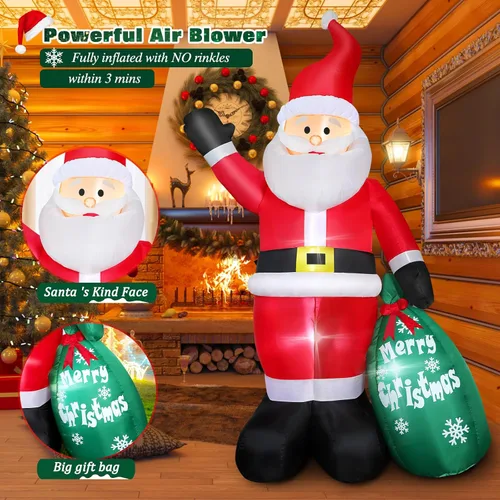 Vista 3 de Thanger - Papá Noel inflable navideño de 7 pies con bolsa de regalo verde, luces LED integradas, decoración navideña para interior y exterior