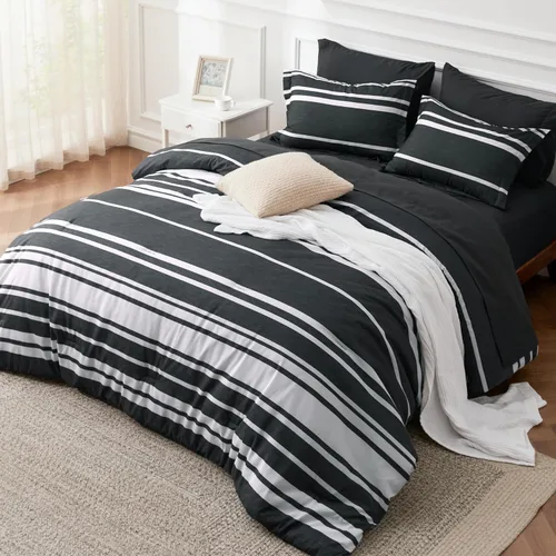 Vista 13 de BEDSURE - Juego de edredón de 7 piezas, ropa de cama a rayas verde salvia para todas las estaciones, reversible, teñido catiónico, juego de ropa