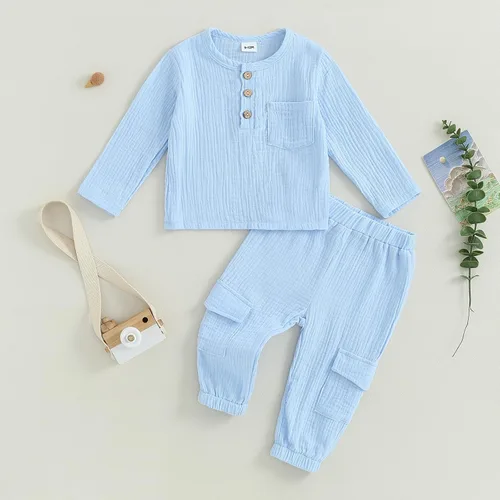 Vista 2 de Emmababy Baby Boy Clothes Cotton Linen Outfit Long Sleeve Button Down Shirt Solid Color Tops Toddler Shirt and Pants Set