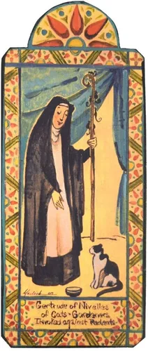 Vista 2 de Modern Artisans Saint Gertrude - Placa Retablo hecha a mano, patrón de los gatos, 3.25 x 7.75 pulgadas