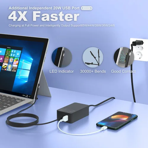 Vista 2 de Cargador Surface Pro 9 de 65 W - Compatible con Microsoft Surface Pro 9, 8, 7+, 7, 6, 5, 4, 3, X, Windows Surface Laptop 6, 5, 4, 3, 2, 1, Surface