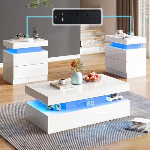 Vista 10 de AMERLIFE Juego de mesa de sala de estar de 3 piezas de alto brillo, modernos juegos de mesa de centro LED de 3, mesa central de 2 niveles con 2 Negro