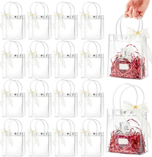 Vista 22 de Ohuimrt 20 bolsas de regalo de plástico transparente con asas, bolsas de recuerdo para fiestas reutilizables con cinta, bolsas de regalo