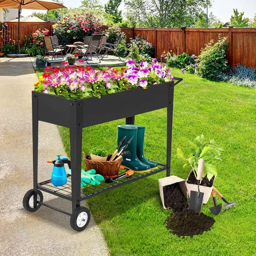 Vista 2 de Cama de jardín elevada, carrito de jardín elevado de metal móvil con patas y ruedas, jardín de hierbas para exteriores/interiores, jardineras