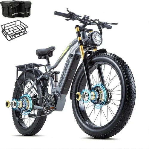2026 AWD Electric Bike for Adults Dual Motor 5000W/3000W/1500W Peak 40MPH/30MPH Fast Ebike, Up to 65 /90 /160 Miles Long Range, 26" Full Suspension