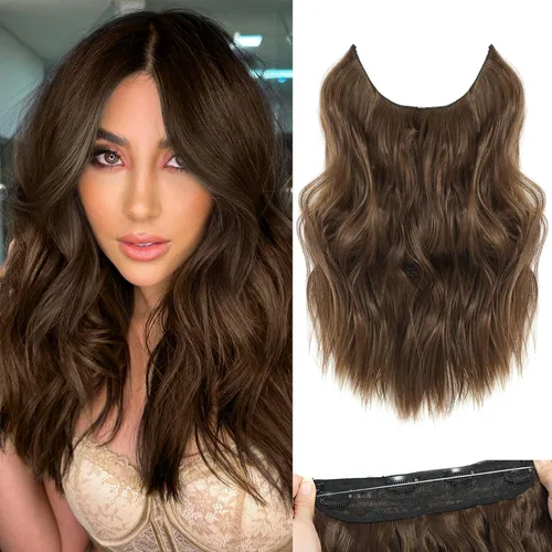 Vista 19 de Extensiones de cabello tipo aureola de 20 pulgadas, alambre invisible, ajustable, cabello largo ondulado, mejora sintética, 4 clips de seguridad