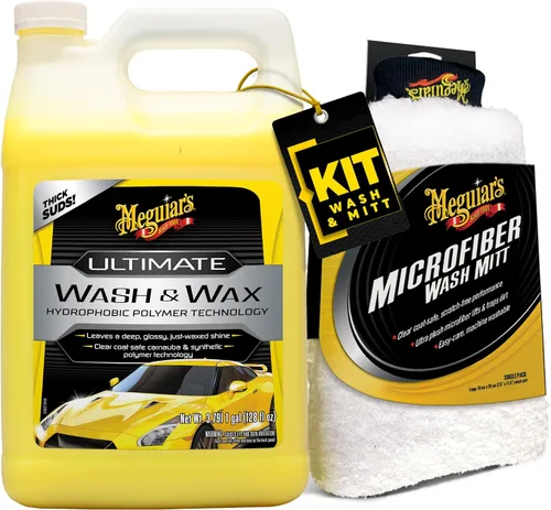 Meguiar's Paquete de lavado de autos – 1 galón Ultimate Wash & Wax Jabón de lavado de coche con pH equilibrado, 1 galón, protección de cera de