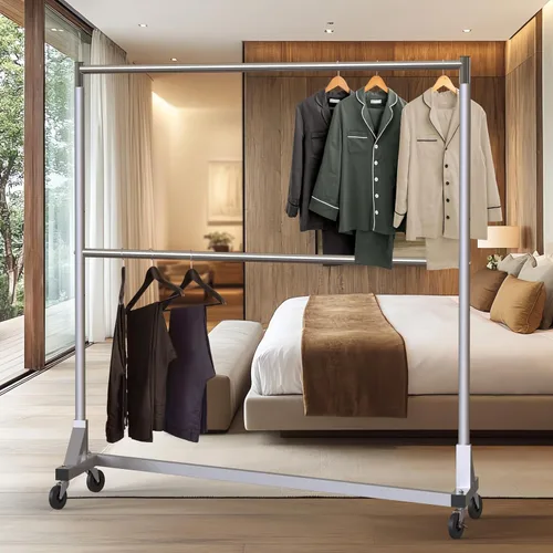 Vista 6 de Simple Houseware Estante para ropa de doble barra con base en Z de grado comercial, carga de 600 libras, 63 pulgadas, plateado