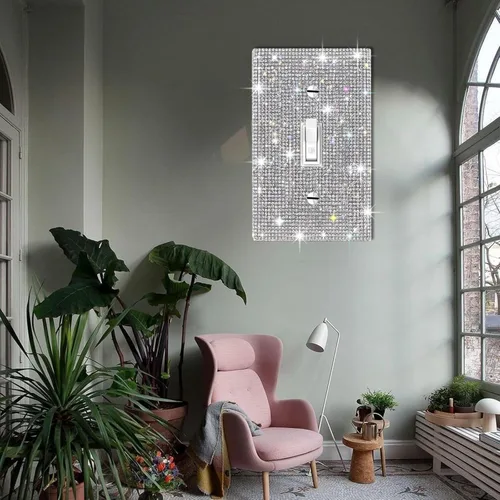 Vista 5 de Cubierta decorativa para interruptor de diamantes de imitación plateados brillantes, placa de pared de una sola banda
