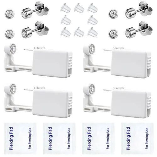 Vista 11 de Juego de 4 pistolas para perforación de orejas, desechables y seguras, con aretes (azul)