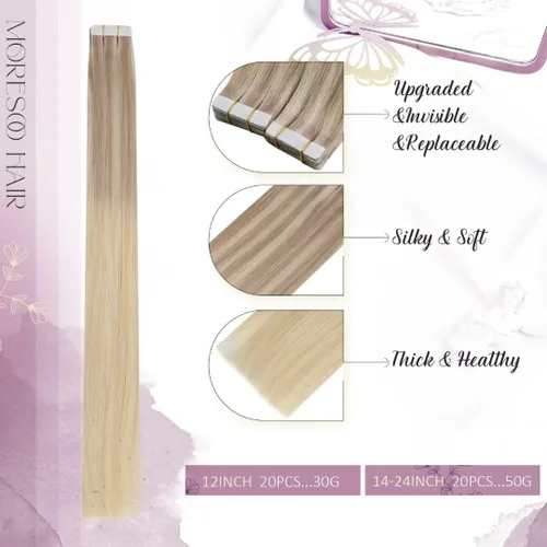 Vista 2 de Moresoo Extensiones de cabello humano con cinta invisible, balayage, rubio ceniza a rubio platino, extensiones de cabello humano con cinta adhesiva
