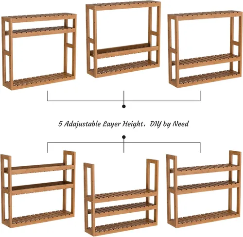 Vista 6 de Estante Domax de bambú, para baño, 3 niveles de montaje en pared, multifuncional, capa ajustable, de pie, para colocar por encima del inodoro
