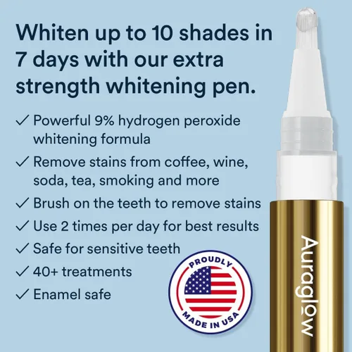 Vista 2 de Auraglow Extra Strength Bolígrafo de blanqueamiento de dientes, 9% Peróxido de hidrógeno, más de 40 tratamientos de blanqueamiento, Blanquea