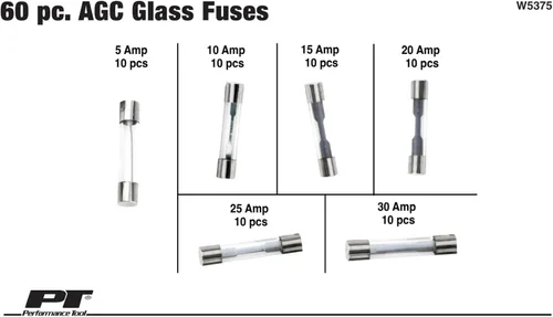 Vista 2 de Performance Tool W5375 - Surtido de fusibles de vidrio AGC (60 piezas variadas) (5A, 10A, 15A, 20A, 25A y 30A) en una caja de plástico transparente