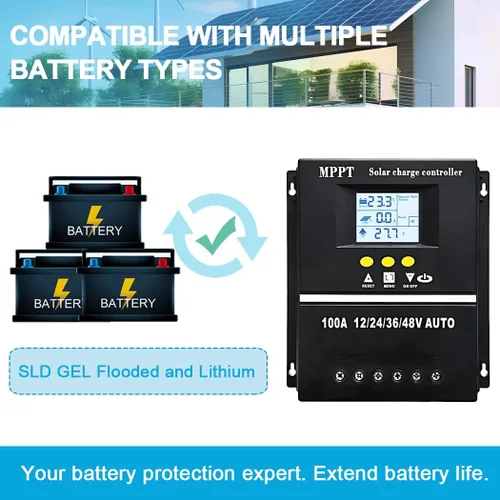Vista 4 de Controlador de carga solar MPPT de 60 A 12 V 24 V 36 V 48 V Pantalla LCD Regulador inteligente de batería Entrada máxima de 100 V USB dual