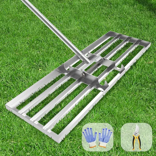 Rastrillo de nivelación de césped 30x10 pulgadas, (Grado Profesional) Herramienta niveladora de césped con mango de acero inoxidable para céspedes,