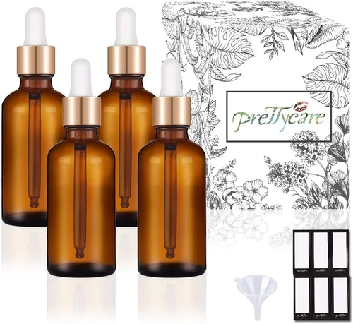 Vista 37 de PrettyCare Botellas de cristal con cuentagotas de 2 onzas líquidas, 12 botellas transparentes vacías gruesas a granel con tapas doradas a prueba
