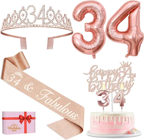 Vista 37 de Decoraciones de cumpleaños número 17 para niña, incluyendo tiara y banda de cumpleaños de 17, decoración para pastel y velas, globos de números