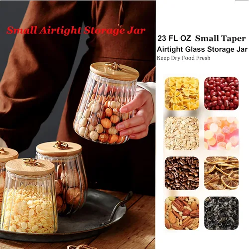 Vista 4 de FANTESTICRYAN Tarro de almacenamiento hermético de café de vidrio con nueces, recipiente decorativo de pétalos con tapa de bambú y asa de metal