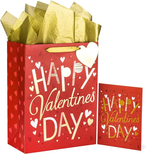 Vista 9 de WRAPAHOLIC Bolsa de regalo grande de San Valentín de 13 pulgadas con tarjeta y papel de seda - Be My Valentine