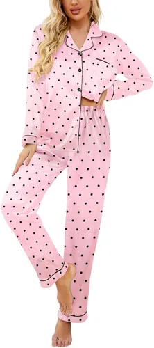Vista 21 de Ekouaer - Conjunto de pijama de satén de seda clásico con botones para mujer, de manga larga Soft Satin Pajamas, Mix-Match Daily Look, Chest