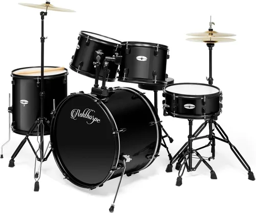 Ashthorpe Batería completa para adultos de tamaño completo de 5 piezas con parches Remo - Negro
