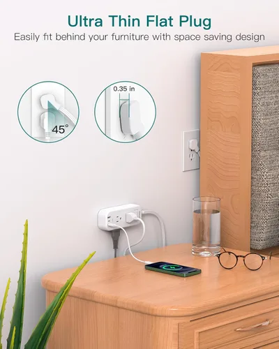 Vista 5 de Cable de extensión de 10 pies con múltiples tomas, Addtam regleta de alimentación de enchufe plano protector de sobretensiones cable largo, extensor