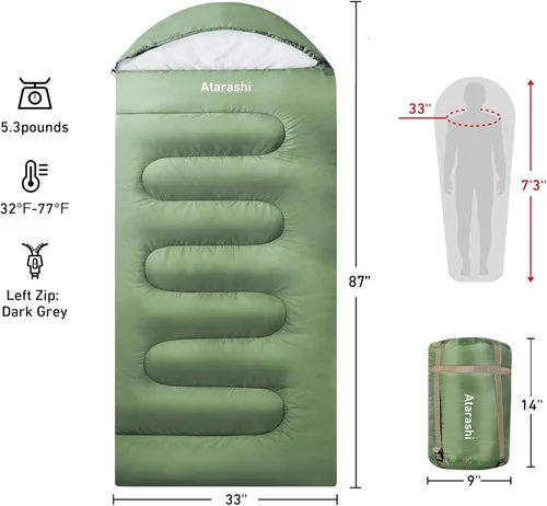 Vista 2 de Atarashi - Saco de dormir de camping para 4 estaciones para adultos, ligero, cálido, extragrande con saco de compresión - Ideal para senderismo