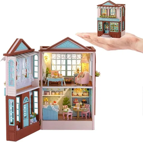 Vista 10 de Kit de Muebles de Casa de Muñecas de Madera en Miniatura DIY, Mini Casa de Muñecas Hecha a Mano con LED, Escala 1:24, Juguetes de Artesanías