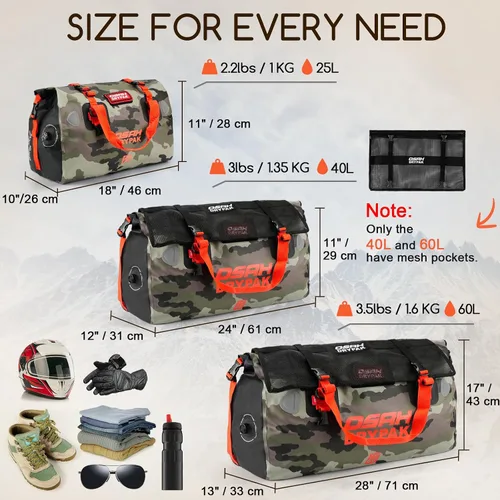 Vista 3 de OSAH DRYPAK Bolsa de lona impermeable – Bolsa seca para motocicleta con gran espacio de almacenamiento, bolsas de equipaje impermeables con bolsillo