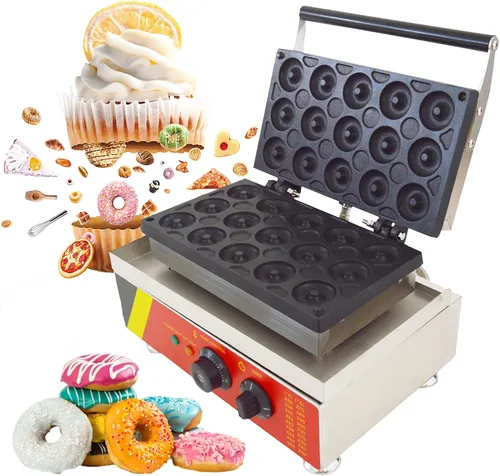 INTBUYING 15 piezas Mini Dount Maker Máquina eléctrica comercial de gofres Donut Machine 32.0 °F-572.0 °F 1750W Calefacción de doble cara