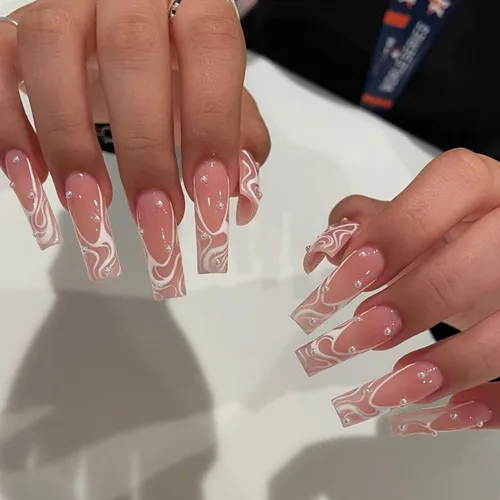 Vista 16 de LPOODDNU 24 uñas postizas largas cuadradas a presión, uñas postizas francesas, uñas acrílicas de color rosa brillante, cobertura completa, perlas