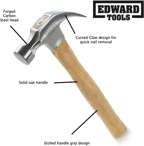 Vista 2 de Edward Tools Martillo de garra de roble de 16 onzas – Martillo multiusos resistente – Cabeza de acero al carbono forjado – Mango de madera de roble