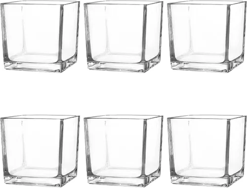 Vista 8 de Juego de 6 jarrones cuadrados de vidrio de 5 x 5 x 5 pulgadas, jarrones transparentes para centros de mesa, portavelas para eventos de fiesta