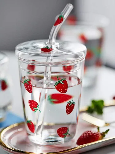 Vista 6 de Vaso de cristal transparente de 18 onzas con tapa y pajita. cono