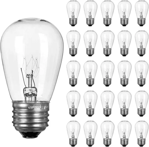 Paquete de 26 bombillas S14 para cadena de luces, 11 W, E26 mediano, base de tornillo S14, bombillas de vidrio transparente de repuesto cálido para