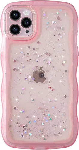 Vista 38 de Qokey para iPhone 14 Plus Funda de 6.7" con diseño de borde ondulado rizado, transparente, con purpurina, brillo, estrellas, brillante, lindo