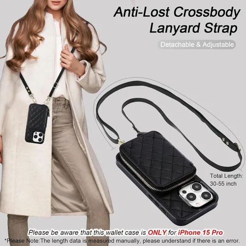 Vista 5 de Bocasal Funda tipo cartera con bandolera para iPhone 15 Pro, cartera de mano de piel sintética con cremallera y bloqueo RFID, funda tipo cartera