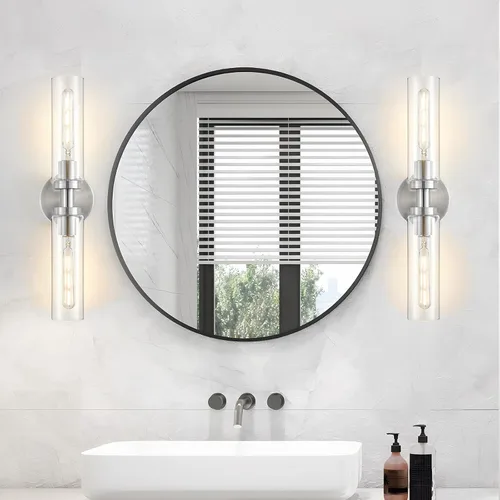 Vista 40 de Lanhall 2 lámparas de baño de níquel cepillado sobre el espejo, moderna lámpara de tocador de pared con pantalla de vidrio transparente para baño