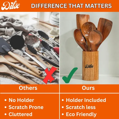 Vista 3 de Cucharas de madera para cocinar, juego de utensilios de cocina de madera con soporte de almacenamiento, juego de utensilios de madera