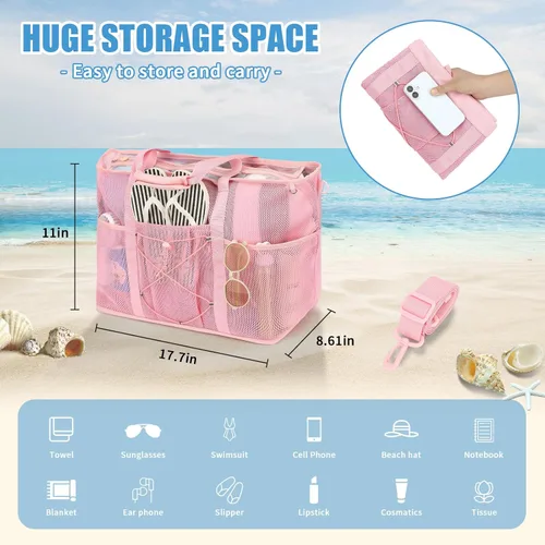Vista 3 de Bolsas de playa para mujer, bolsa grande de malla con bolsa impermeable para teléfono, bolsa de playa plegable para vacaciones, viajes, parque