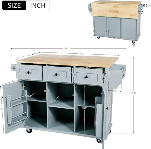 Vista 131 de LUMISOL Carrito de isla de cocina con ruedas de bloqueo con 2 cajones y 4 gabinetes, isla de cocina rodante con estantes ajustables, mesa de madera