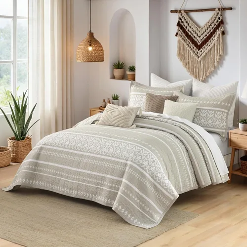 Vista 2 de Juego de edredón 100% algodón tamaño Queen – Juego de ropa de cama bohemio beige y blanco – Juego de edredón bohemio a rayas con 2 fundas