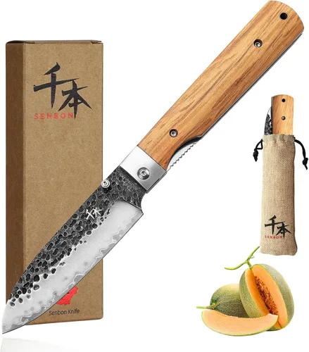 Vista 8 de SENBON Cuchillo de chef plegable de bolsillo súper afilado 440A forjado, cuchillo práctico, cuchillo de fruta, mango de oliva natural, para acampar