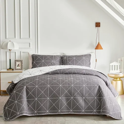 Vista 2 de Juego de edredón reversible de 2 piezas, cuadriculado blanco y gris, tamaño individual 68 x 86 pulgadas, suave microfibra ligera, colcha de verano