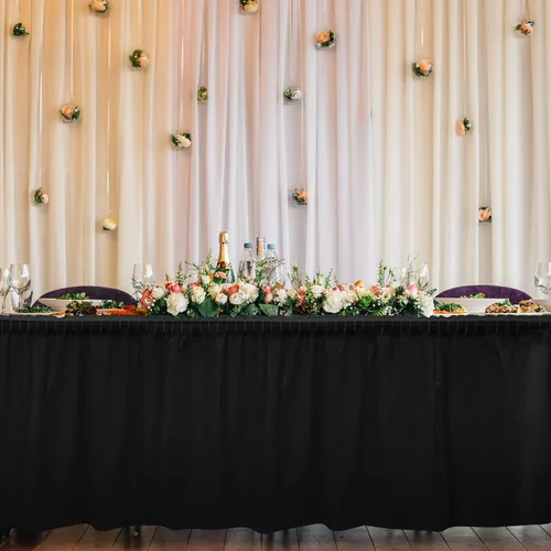 Vista 6 de TURSTIN 2 faldas de mesa de plástico negro de 14 x 29 pies para mesas rectangulares, mantel ajustable, mantel desechable para fiestas de cumpleaños