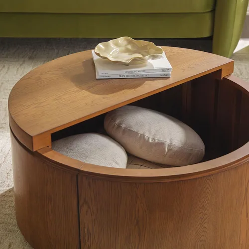 Vista 6 de Walker Edison Maya Moderna mesa auxiliar de madera de roble macizo con almacenamiento, 36 pulgadas, roble marrón medio